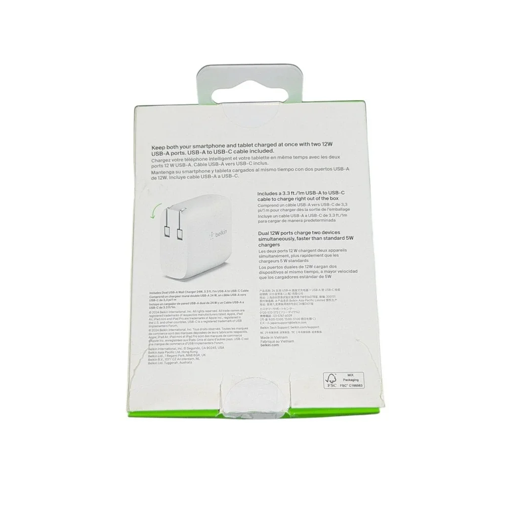 Aa3O Belkin 24W Dual Port USB Wall Charger with USB-A To‎ USB-C Cable White 